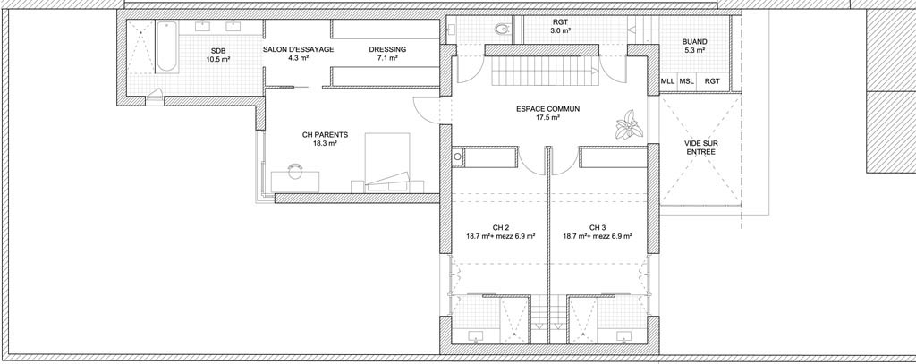 projet d'extension de maison individuelle : plan R+1